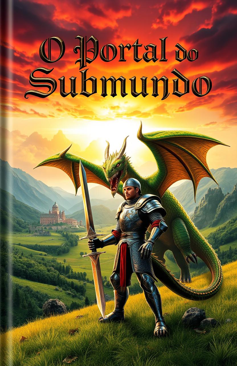 A captivating book cover for 'O Portal do Submundo', depicting a brave knight standing valiantly in front of a formidable dragon