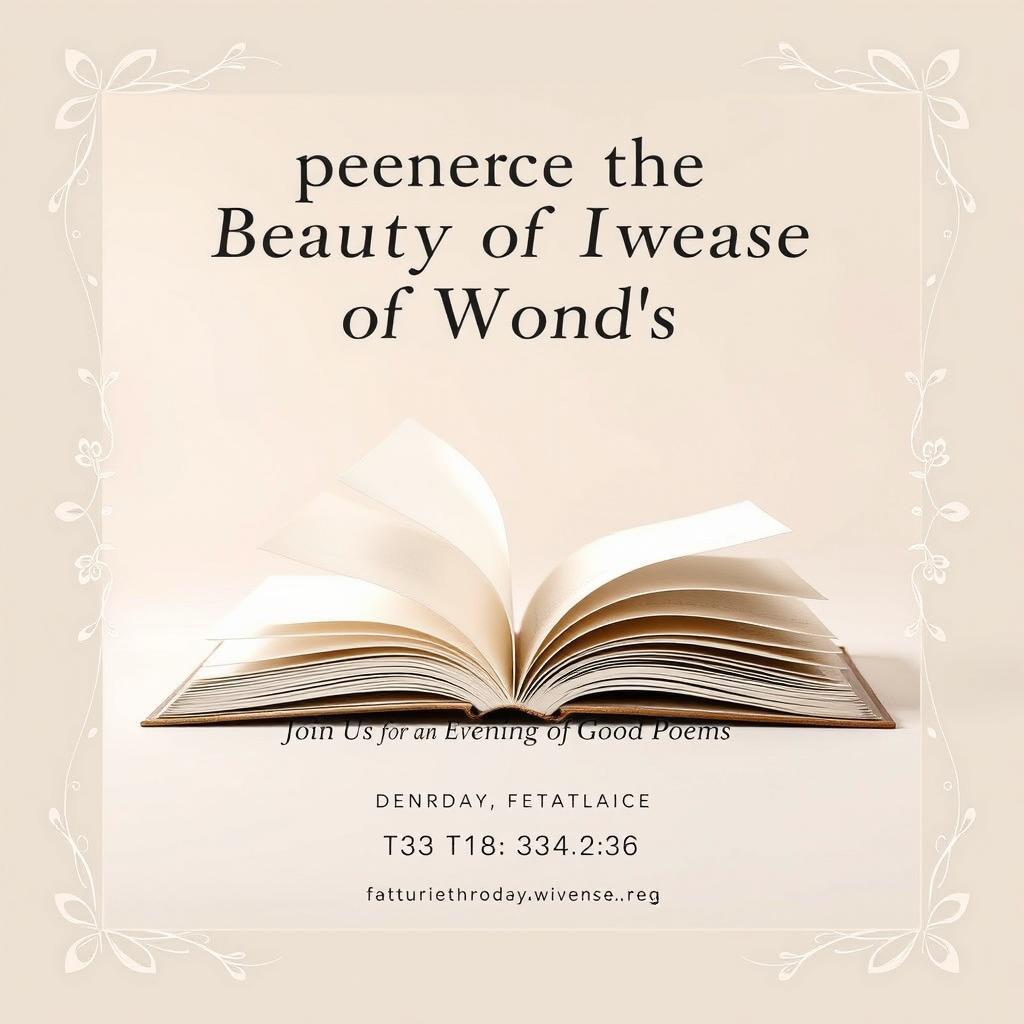 An elegant advertising poster for a poetry showcase, featuring the phrase 'Experience the Beauty of Words'