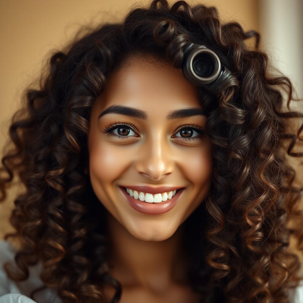 A close-up portrait of a woman with beautiful, voluminous curly hair, cascading down her shoulders