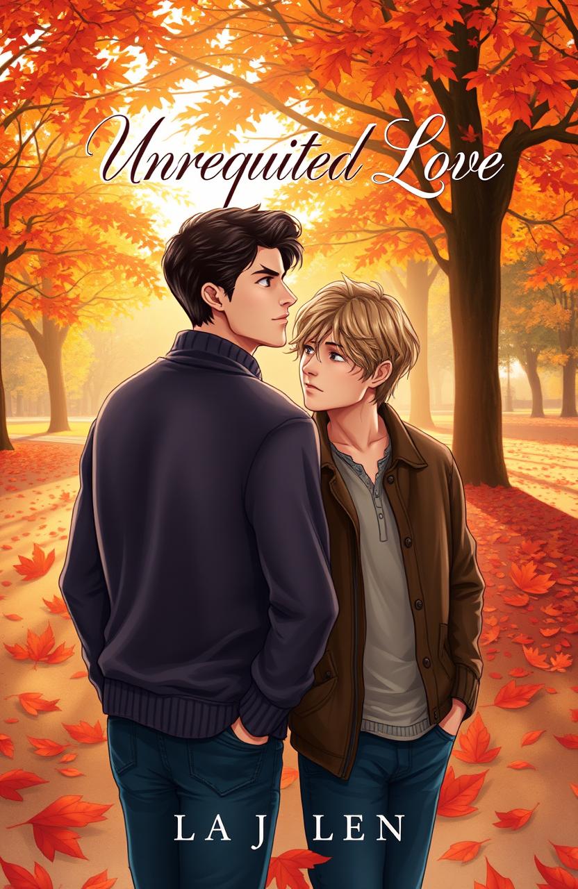 A captivating book cover illustrating two men in a romantic setting yet with an air of melancholy, symbolizing an unrequited love