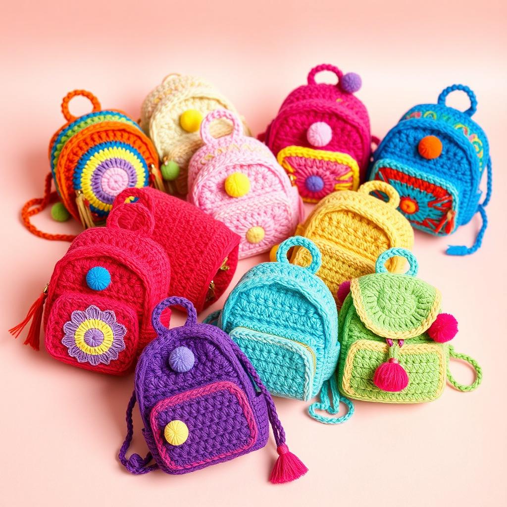 A vibrant and colorful collection of mini crochet backpacks, showcasing different intricate patterns and textures, displayed artistically on a soft, pastel background