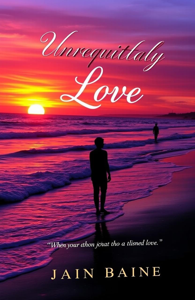 A heartfelt book cover depicting a solitary figure standing at the edge of a serene, twilight beach, gazing longingly at the horizon where the sun sets in vibrant hues of orange and purple