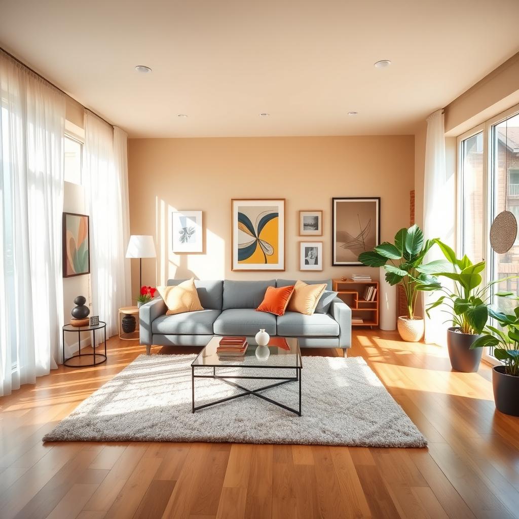 A spacious, modern living room filled with natural light