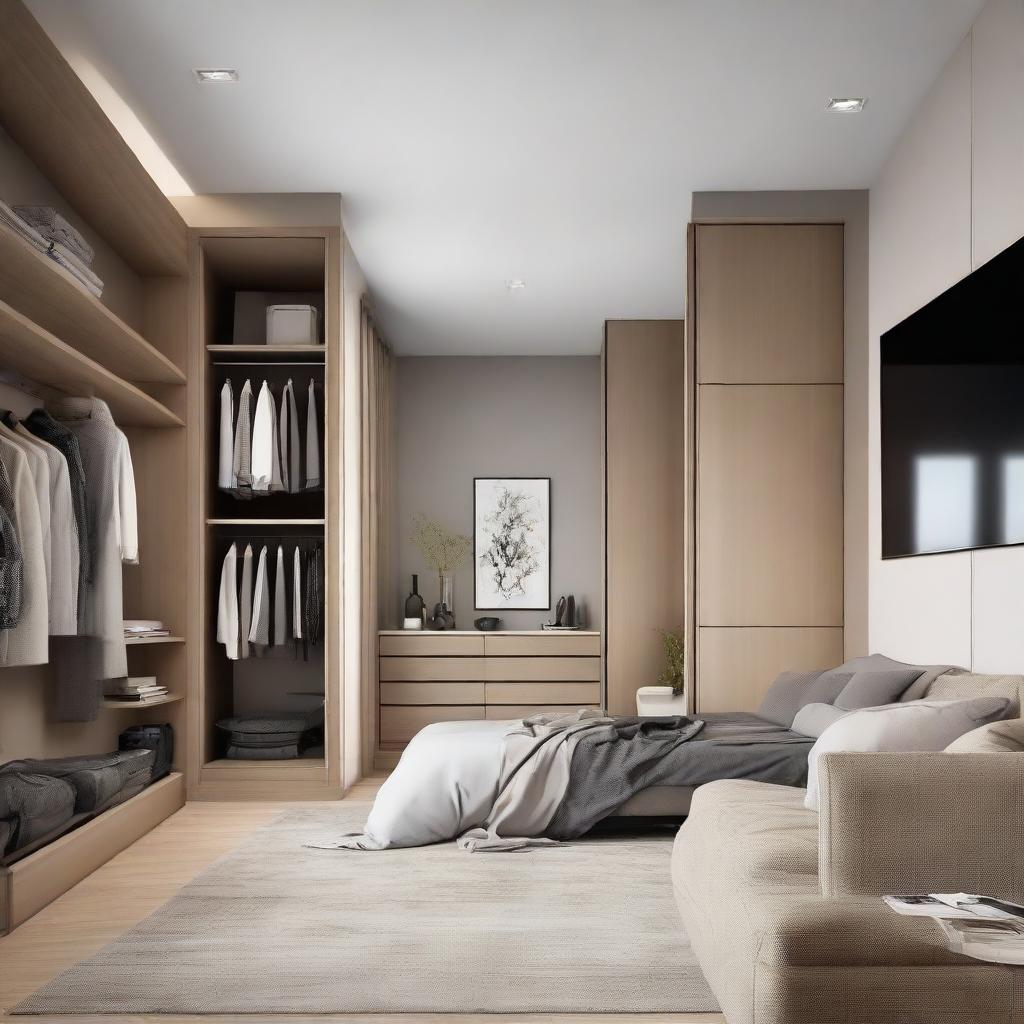 Modern bedroom featuring a well-organized closet dressing area, a wall-mounted TV, and a comfortable sofa in a harmonious color palette.