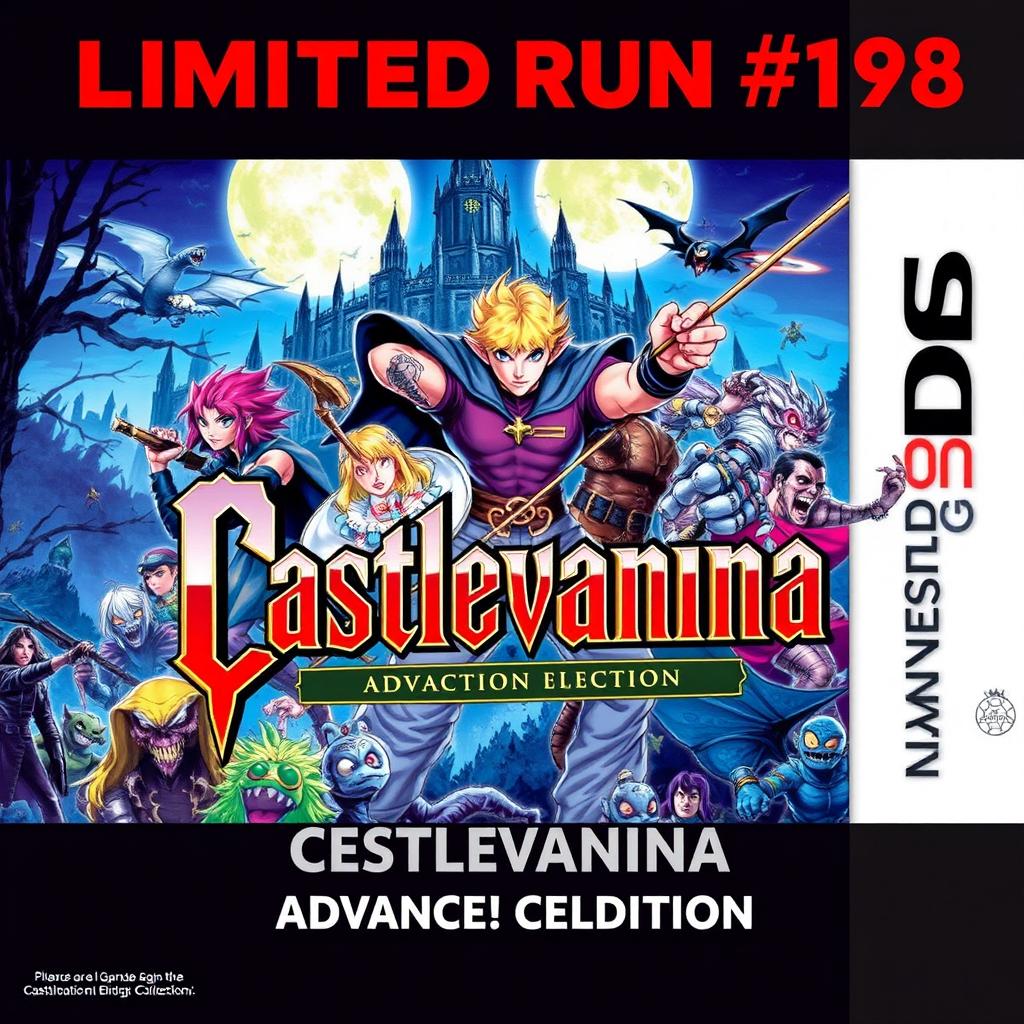 A vibrant and dynamic illustration showcasing the 'Limited Run #198: Castlevania Advance Collection Advanced Edition' video game release