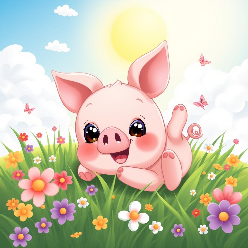 A cute, cartoon-style piglet with large expressive eyes and a big smile, playfully rolling in a patch of green grass surrounded by colorful flowers