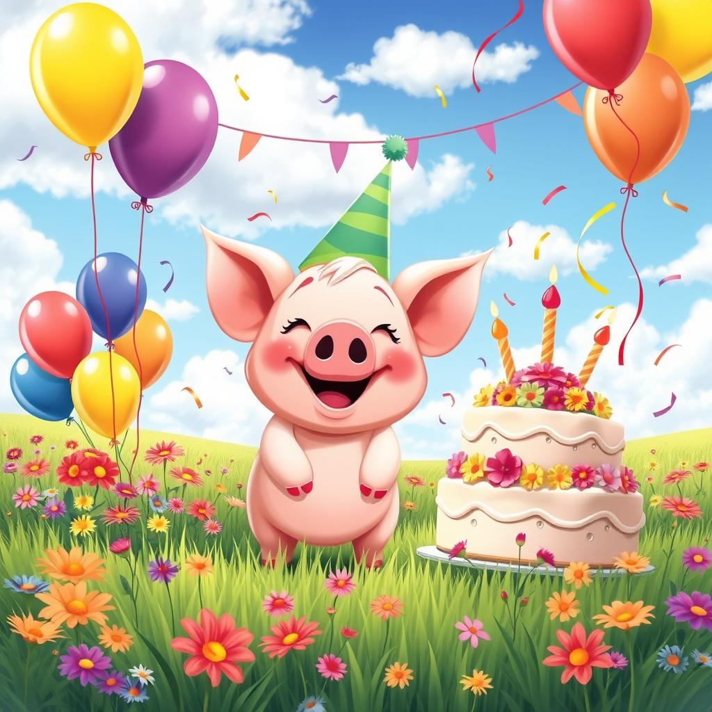 A whimsical scene featuring a cute, cartoon-style pig surrounded by colorful props like balloons, a party hat, and a large cake decorated with flowers