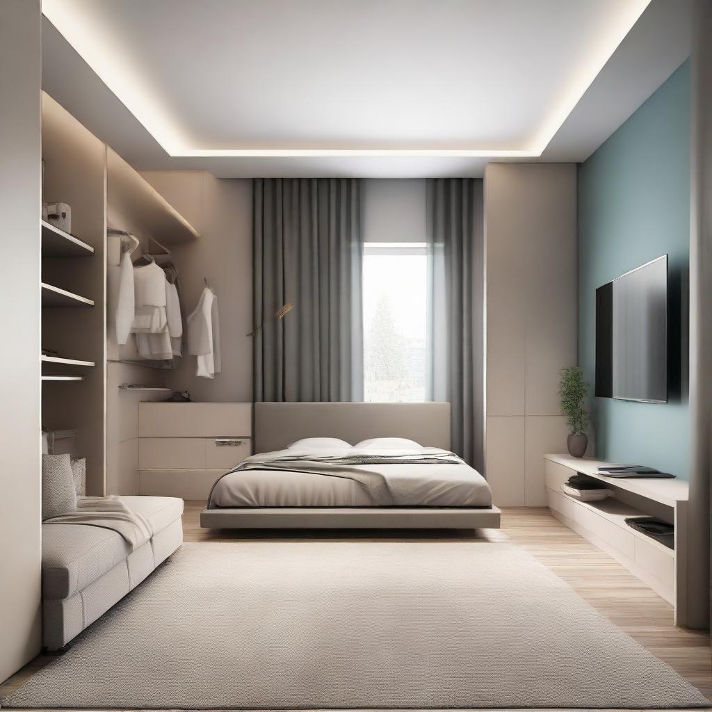 Modern bedroom featuring a well-organized closet dressing area, a wall-mounted TV, and a comfortable sofa in a harmonious color palette.