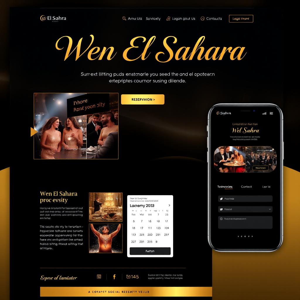 A professional and elegant website and application template for reservations for an event night party, featuring the name 'Wen El Sahra' in sophisticated typography