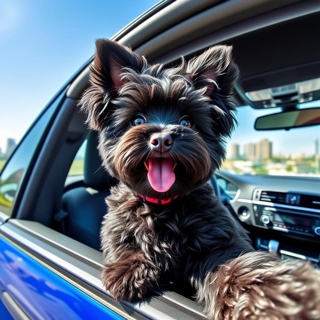A cute black Yorkshire Bichon with fluffy fur sitting inside a blue BMW M4, playfully posing for a selfie