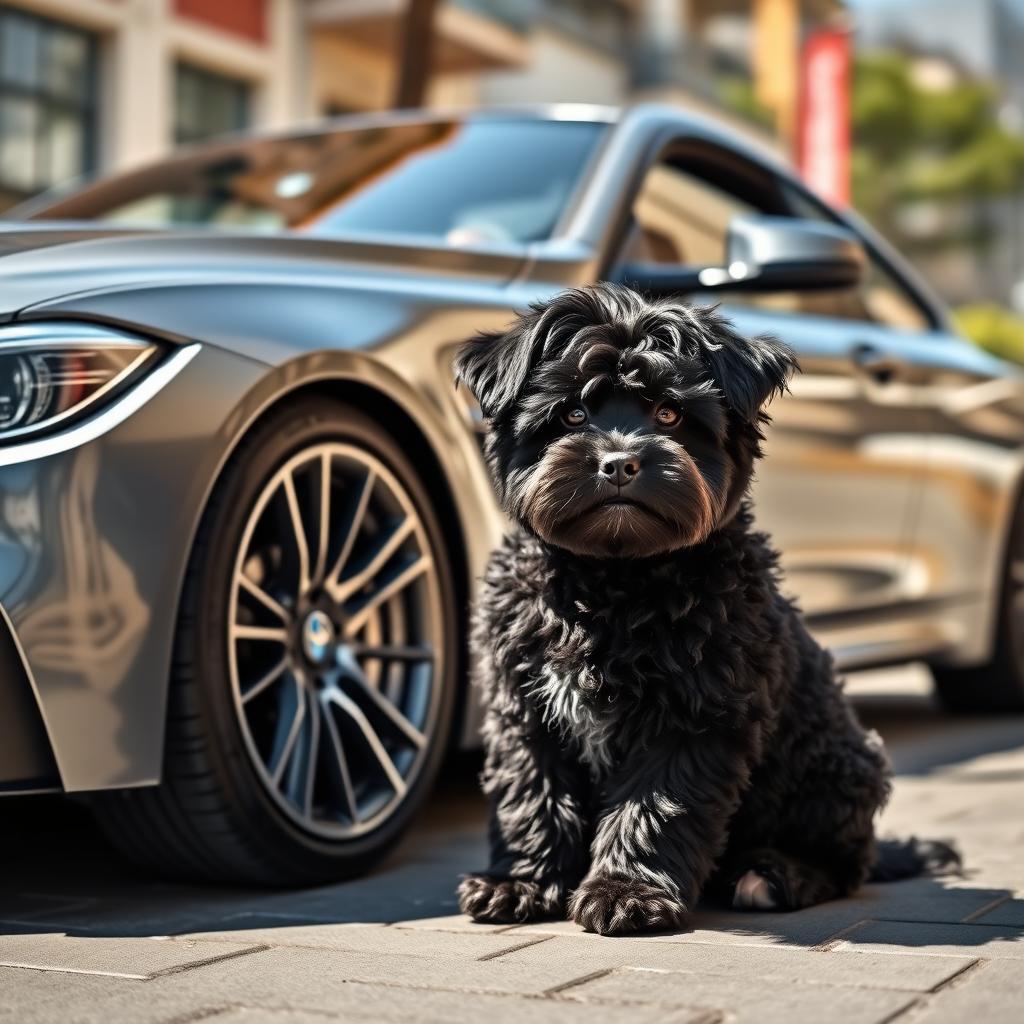 A black Yorkshire Bichon sitting next to a sleek, shiny BMW M4