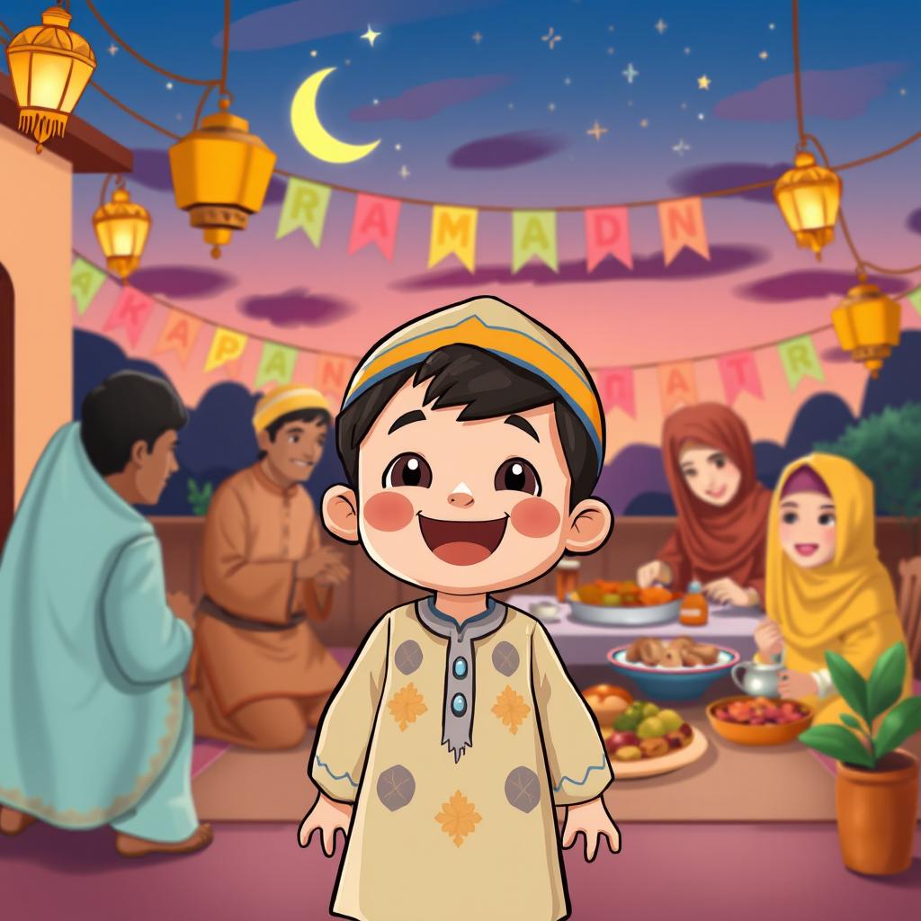 A playful cartoon scene featuring a joyful Muslim child celebrating Ramadan