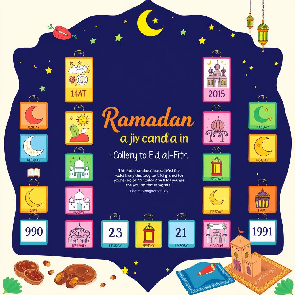A beautifully illustrated Ramadan calendar map designed for children, showcasing each of the thirty days leading up to Eid al-Fitr