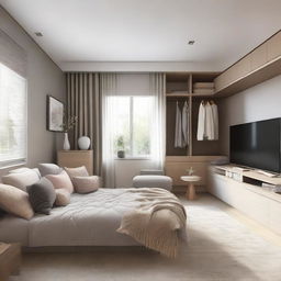 Modern bedroom featuring a well-organized closet dressing area, a wall-mounted TV, and a comfortable sofa in a harmonious color palette.