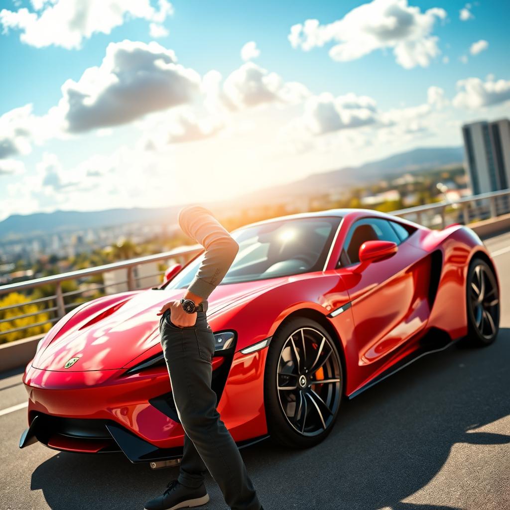 A handsome man standing confidently next to a sleek, modern sports car