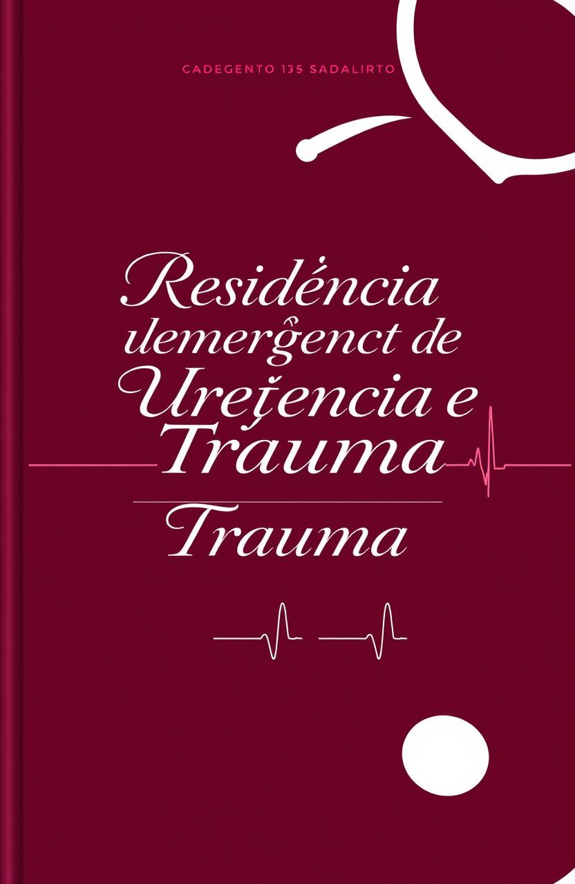 A stylish caderno cover design for the specialty of Emergency and Trauma Residency, featuring a rich wine/burgundy color scheme
