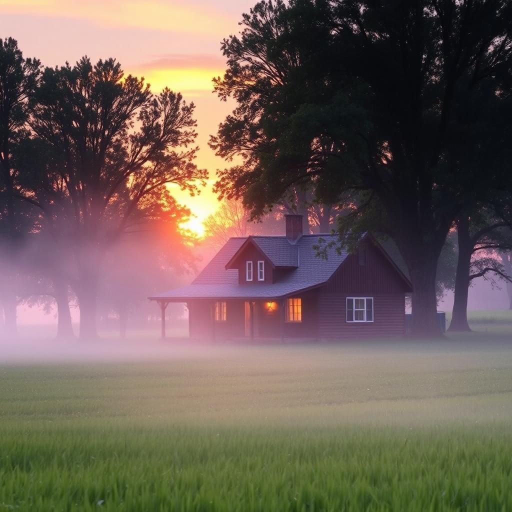 A serene farmhouse situated in a lush green field, enveloped in a mystic fog during the evening