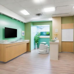 A modern, clean dental clinic with state-of-the-art equipment, comfortable dentist chairs, and a friendly reception area featuring a fish tank and children's play area.