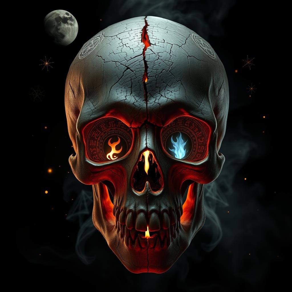 A dark and magical skull mask featuring an aged, cracked skull base with deep fissures revealing a supernatural glow as if connected to hidden power