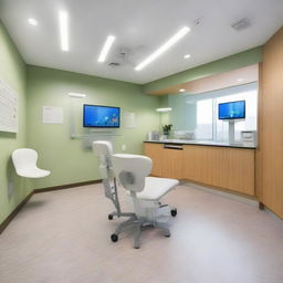 A modern, clean dental clinic with state-of-the-art equipment, comfortable dentist chairs, and a friendly reception area featuring a fish tank and children's play area.