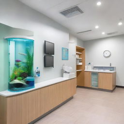 A modern, clean dental clinic with state-of-the-art equipment, comfortable dentist chairs, and a friendly reception area featuring a fish tank and children's play area.