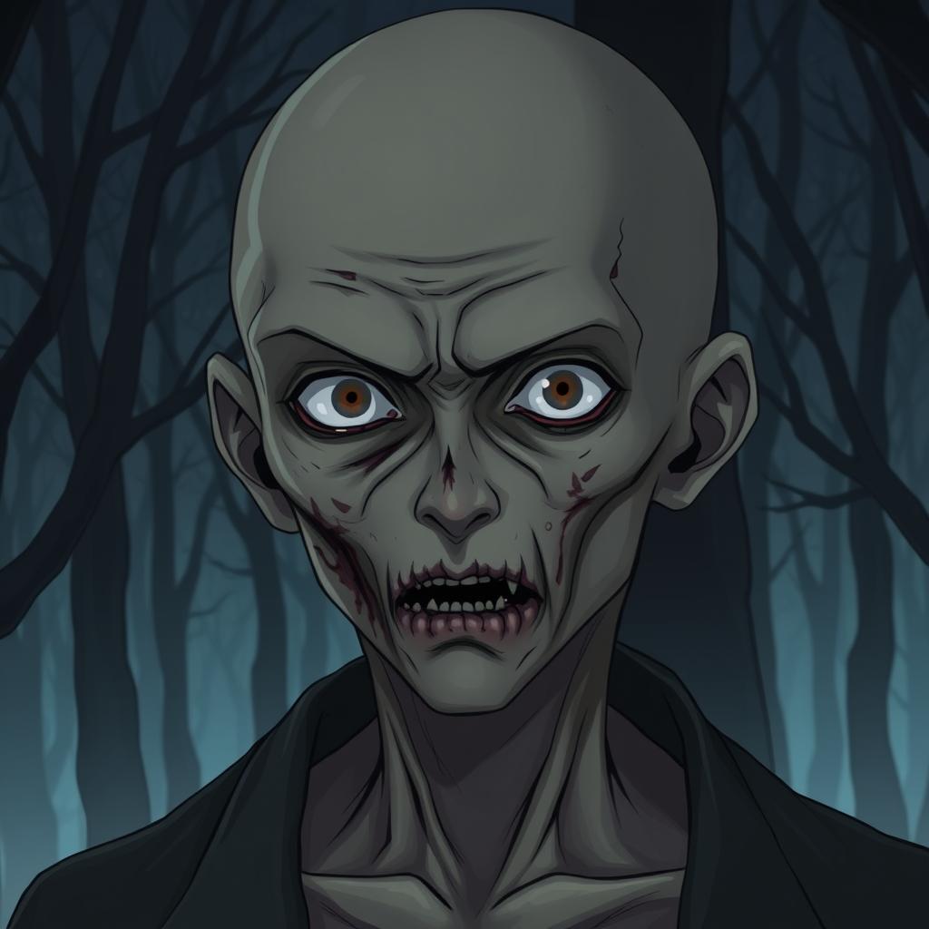 A detailed and accurate depiction of an anime-style human character with a zombie face