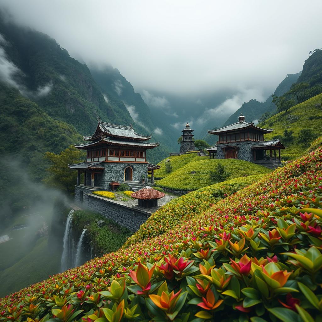 A serene zen monastery nestled in the dark, mist-covered high mountains, surrounded by vibrant, colorful tea plants