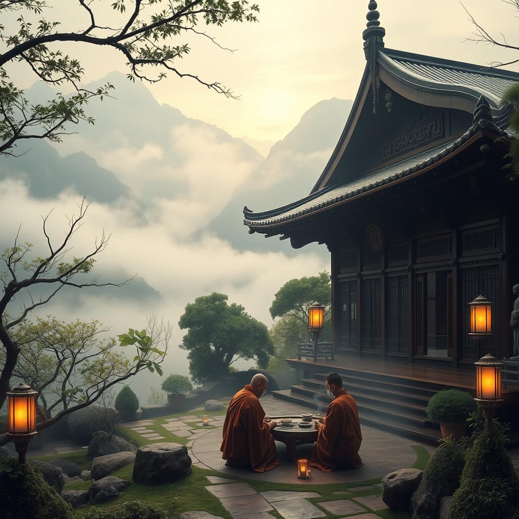 A serene and mystical scene set in a Zen monastery nestled high in the mountains