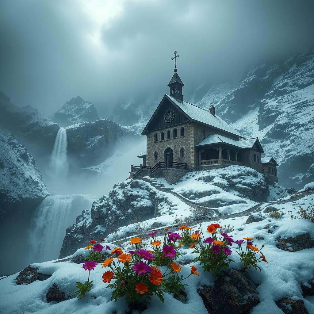 A dark and mysterious monastery perched high in the mountains, surrounded by cascading waterfalls and pristine snow