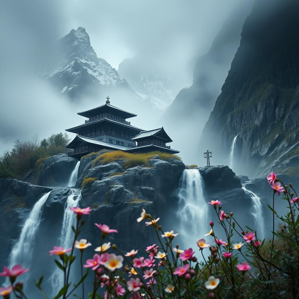 A serene and mystical scene depicting a dark Zen monastery nestled high in the mountains