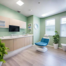 A modern, clean dental clinic with state-of-the-art equipment, comfortable dentist chairs, and a friendly reception area featuring a fish tank and children's play area.