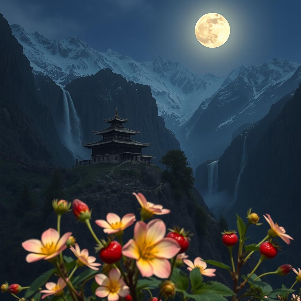 A tranquil scene of a dark Zen monastery perched high in the mountains, surrounded by stunning waterfalls cascading down rocky cliffs