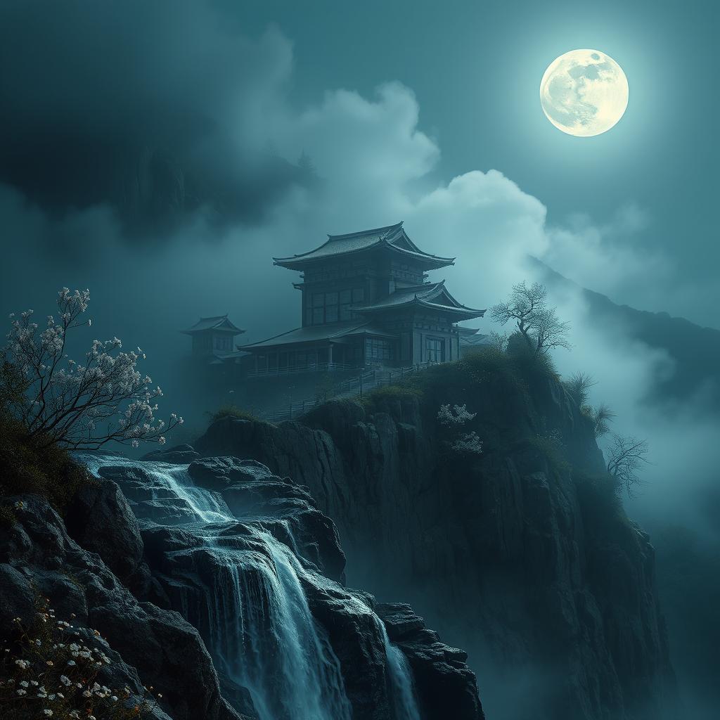 A mystical dark Zen monastery perched high in the mountains, surrounded by a dreamy haze