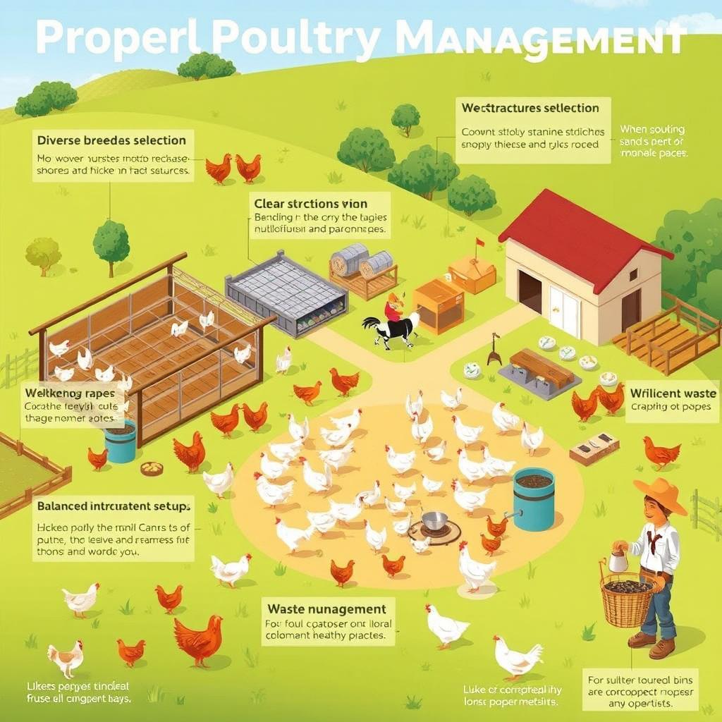 A detailed illustration illustrating proper poultry management practices including: diverse breed selection showcasing healthy chickens, well-structured housing with clean, spacious enclosures, a balanced nutrition setup featuring feed and water sources, and efficient waste management systems like compost bins or proper disposal methods