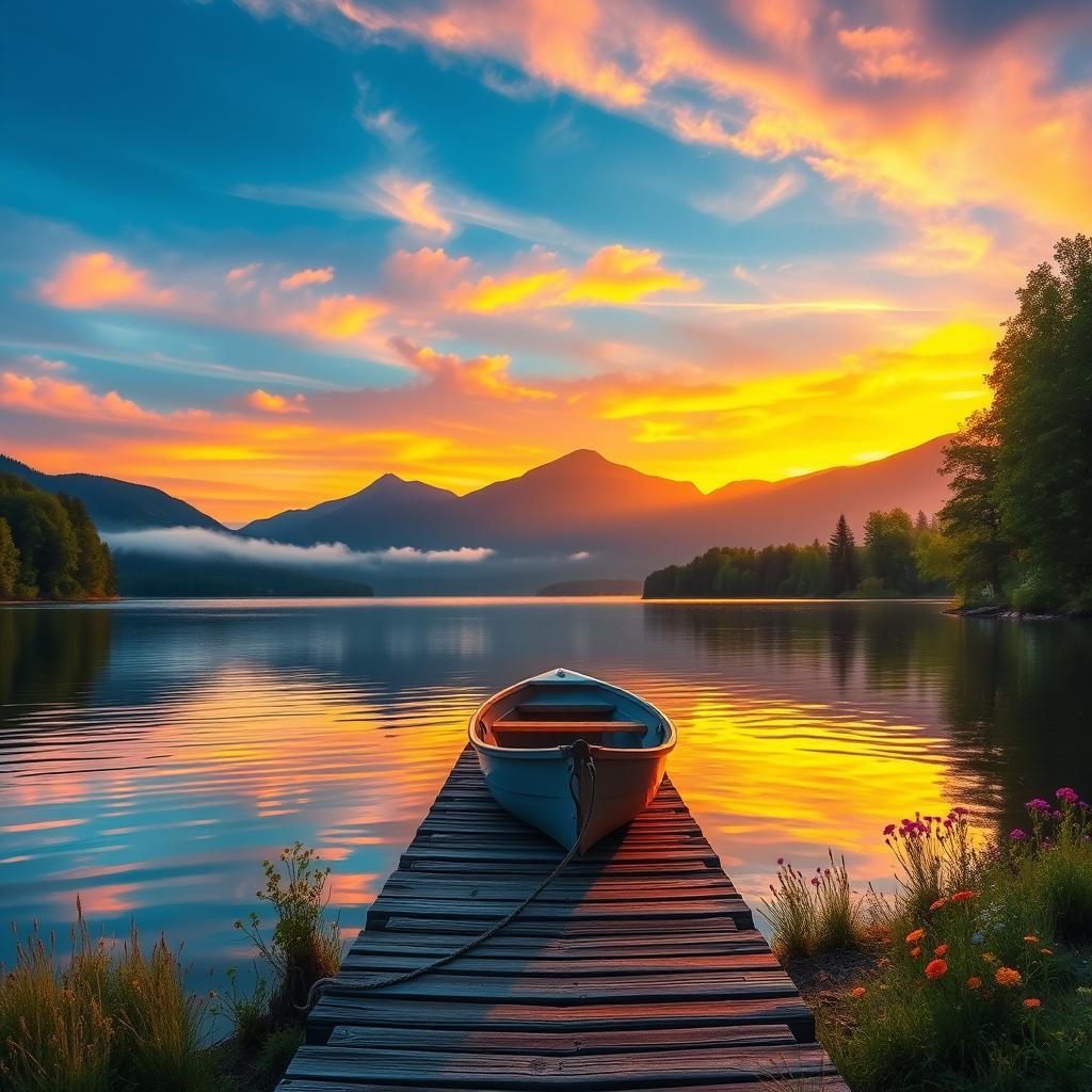 A beautifully realistic scene of a serene lakeside at sunset, showcasing the vibrant colors of the sky reflecting on the water