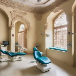 A bustling, well-lit, clean dental clinic located in India, complete with dental chairs, modern equipment, and professional staff members, set against the backdrop of traditional Indian architecture.