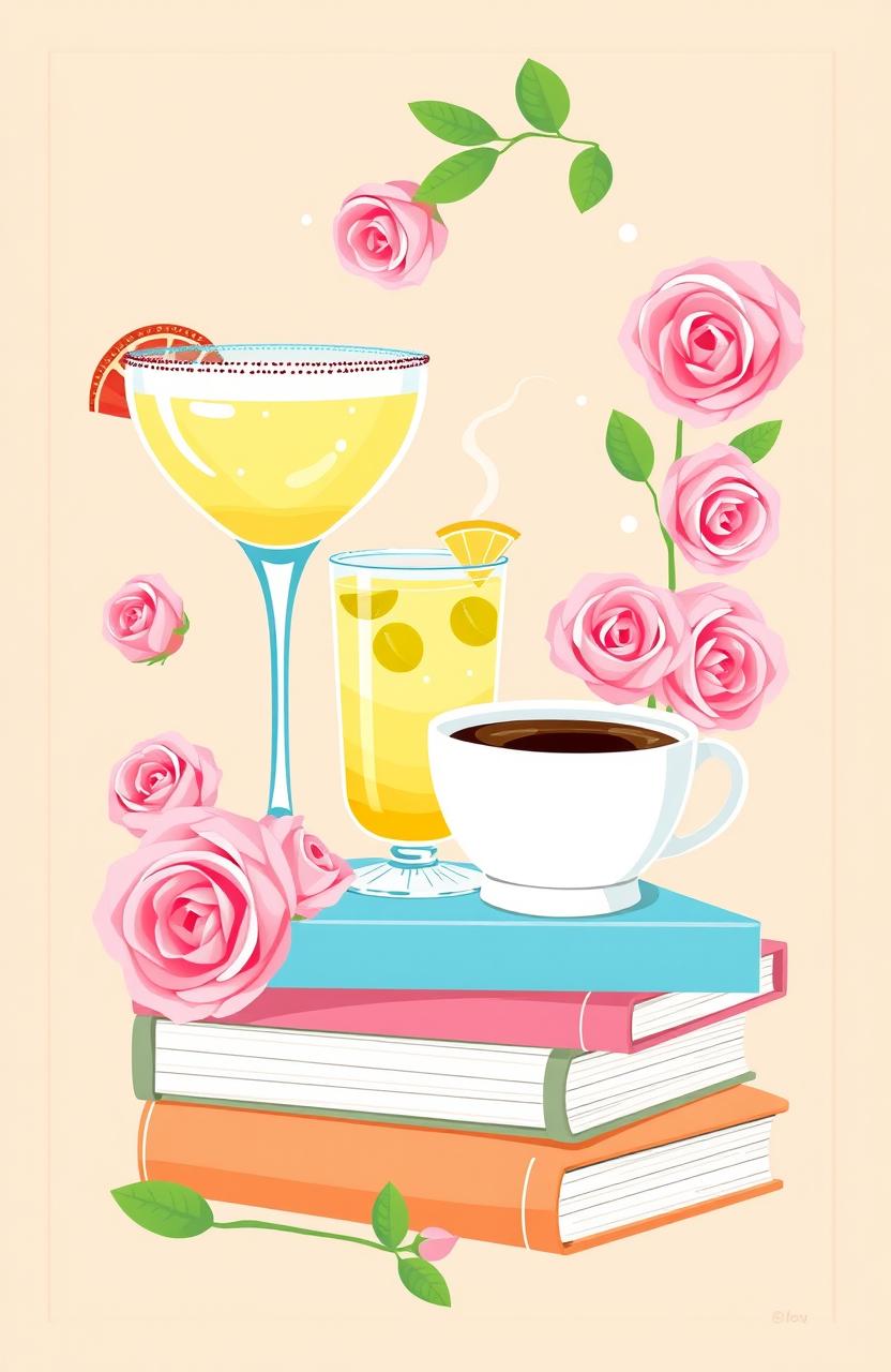 A cute book cover design featuring an arrangement of vibrant margaritas, steaming cups of coffee, delicate pastel roses, and a stack of colorful books