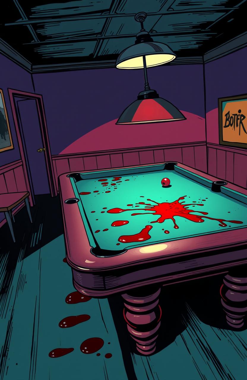 A comic-style illustration of a pool table featuring subtle blood stains on the surface
