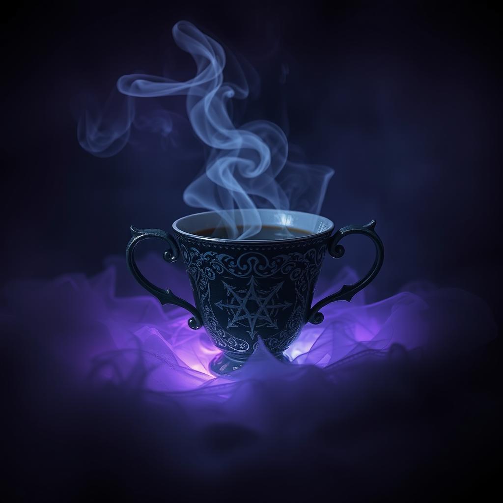 A mystical tea cup surrounded by a hazy atmosphere, symbolizing dark secrets and magick