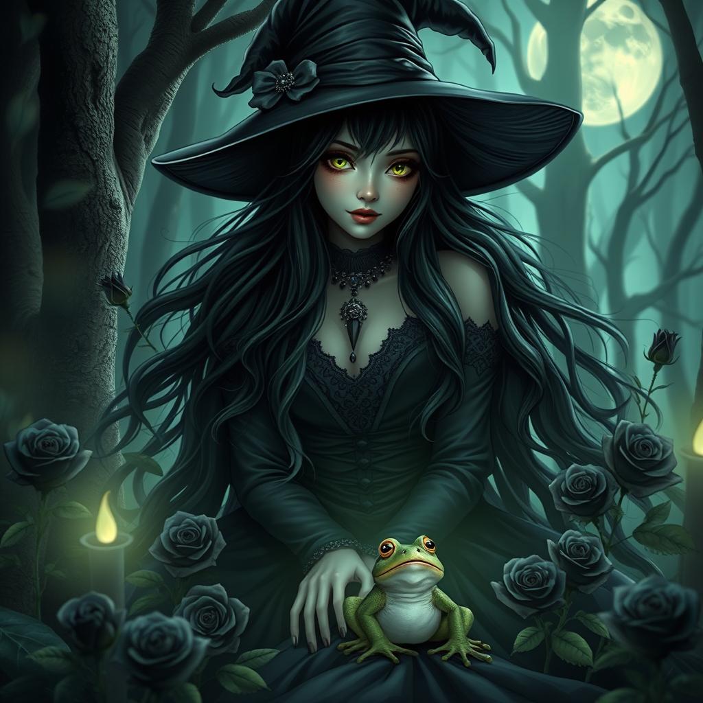 An enchanting black witch with long, flowing black hair dressed in an elegant black dress, exuding a mystic aura