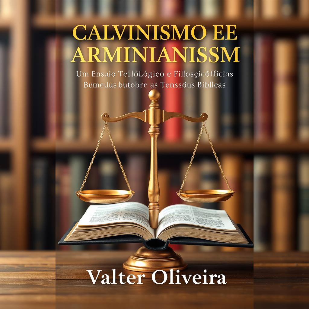 A book cover design for a theological essay titled 'Calvinismo e Arminianismo: Um Ensaio Teológico e Filosófico sobre as Tensões Bíblicas' by Valter Oliveira