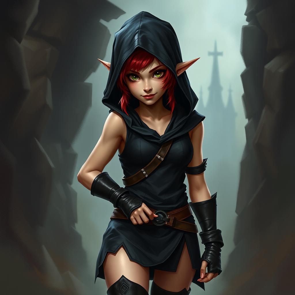 A realistic medieval fantasy portrait of a halfling female rogue, showcasing her agile and stealthy nature