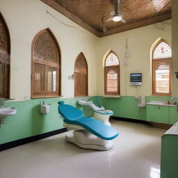 A bustling, well-lit, clean dental clinic located in India, complete with dental chairs, modern equipment, and professional staff members, set against the backdrop of traditional Indian architecture.