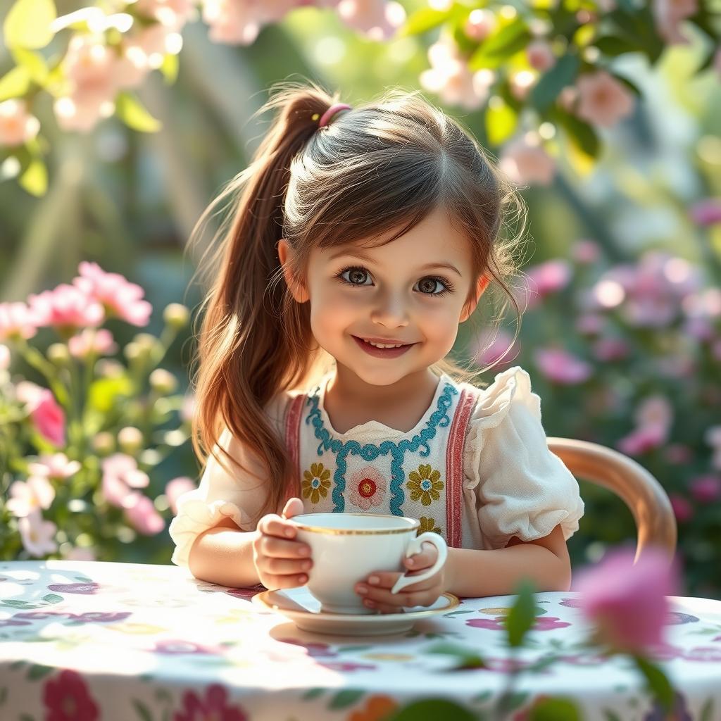 A charming fantasy scene featuring a little girl dressed in a whimsical outfit, sitting at a table decorated with a colorful tablecloth