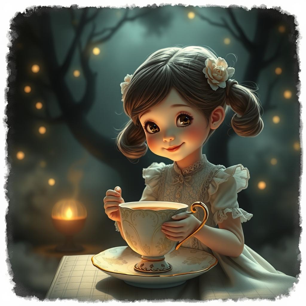 A whimsical scene featuring a sweet little girl with an innocent smile, sipping tea from an elaborate empty teacup