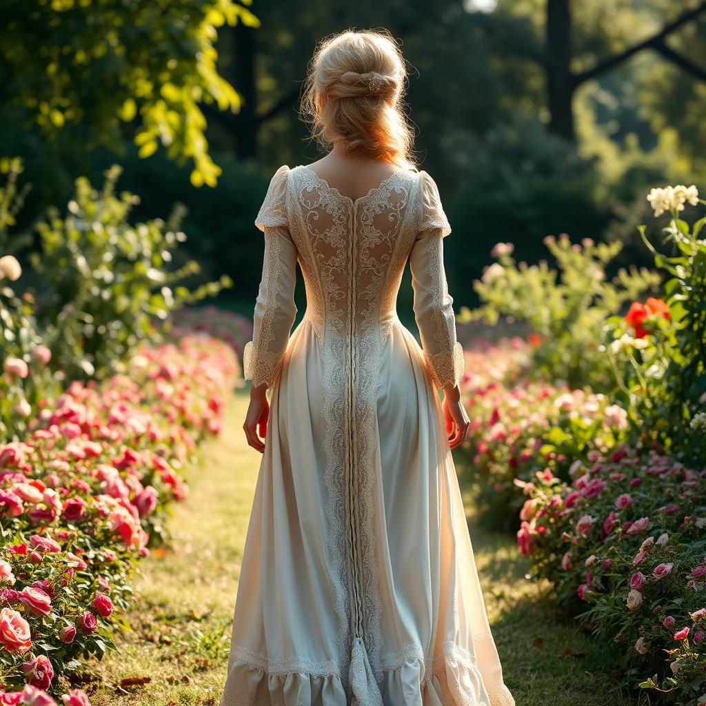 The back view of a tall blonde woman wearing an elegant 1800s Victorian dress, featuring intricate lace and embellishments, walking gracefully through a lush garden filled with blooming flowers and greenery