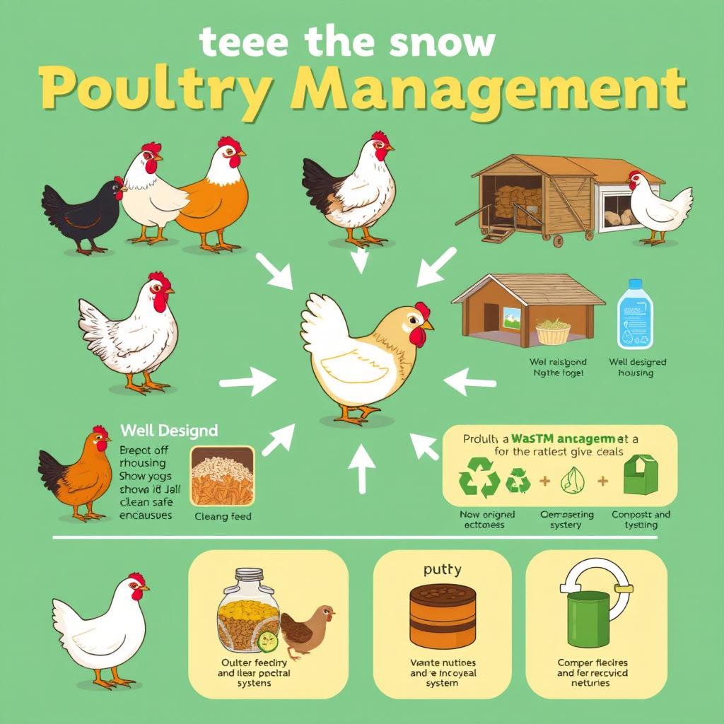 An educational poster design detailing proper poultry management, featuring key elements such as: various poultry breeds in an assortment of colors and feather patterns, well-designed housing showcasing clean and safe enclosures, a variety of nutritious feed options clearly labeled, and a waste management system including composting and recycling methods illustrated visually