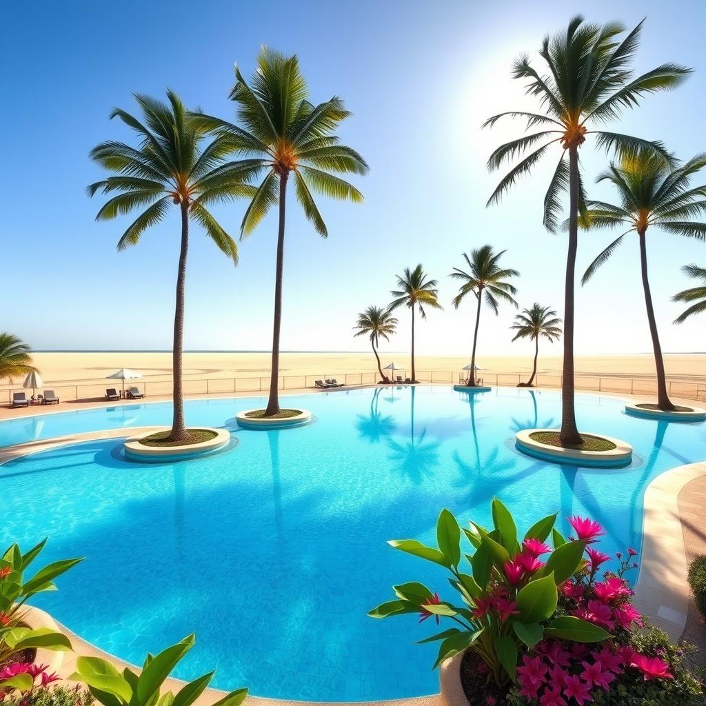 A tranquil resort layout featuring a large, beautiful swimming pool surrounded by an expansive, open landscape