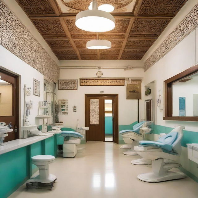 A bustling, well-lit, clean dental clinic located in India, complete with dental chairs, modern equipment, and professional staff members, set against the backdrop of traditional Indian architecture.