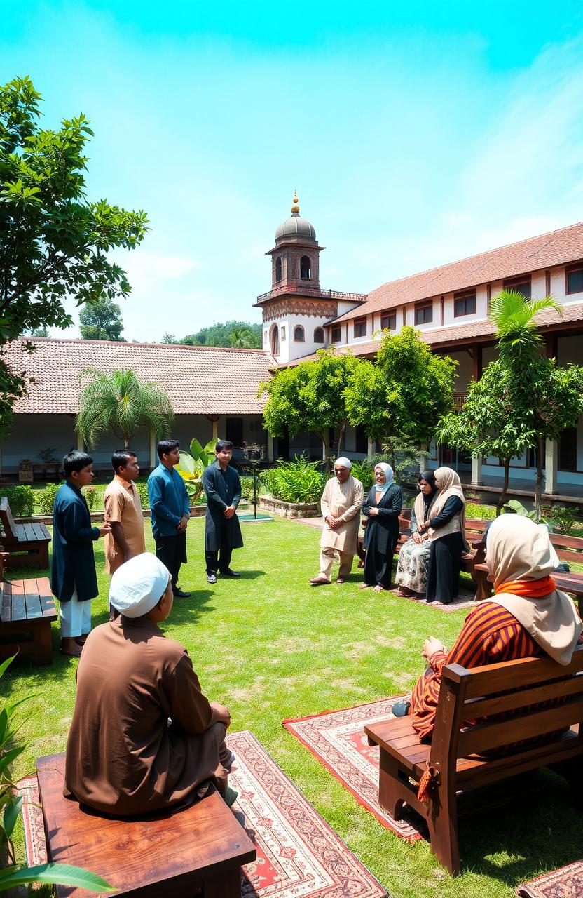 A group of diverse santri (Islamic students) engaging in a lively discussion in a traditional boarding school setting